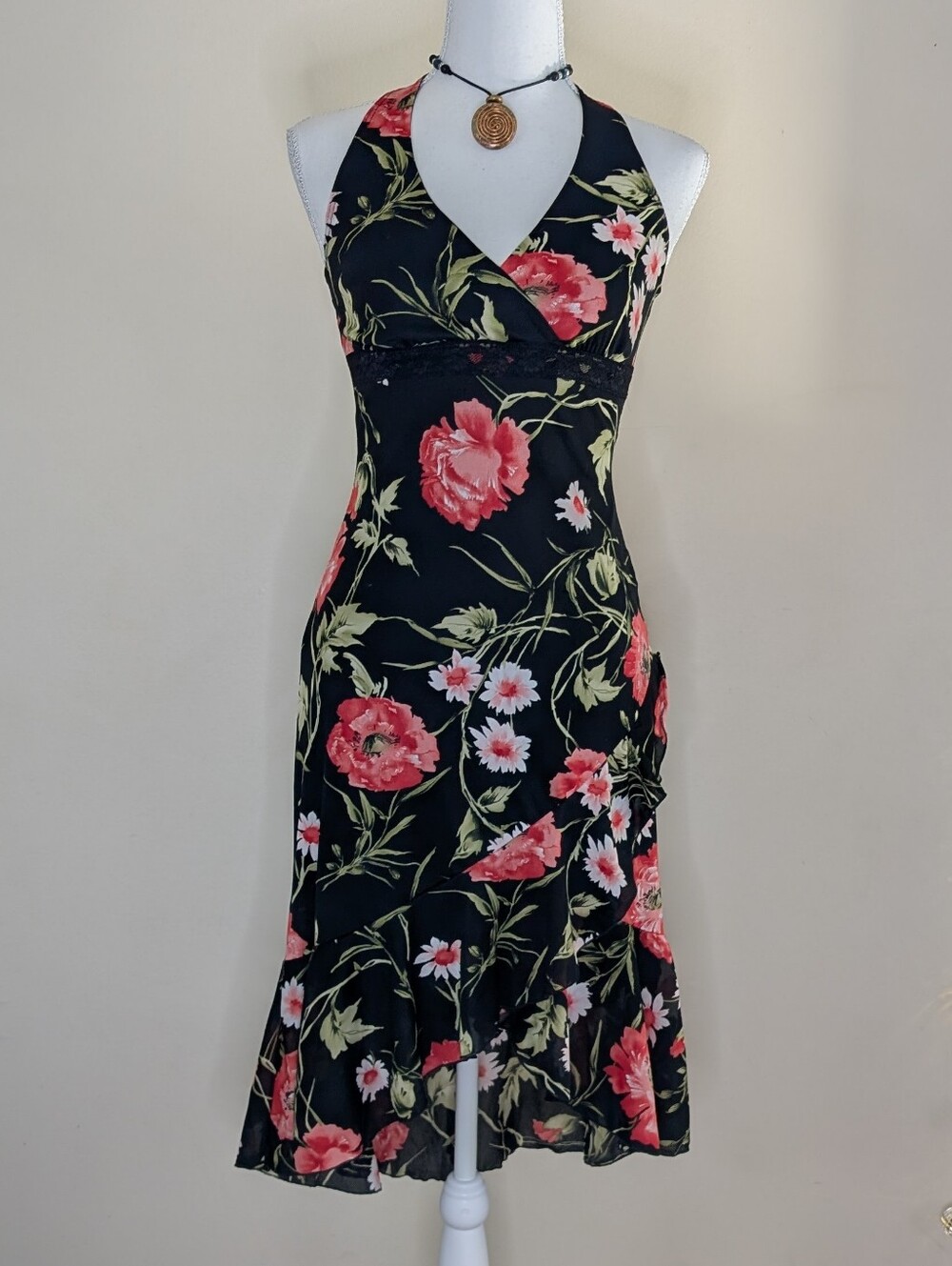 VTG Y2K Black Halter Midi Dress with Coral Floral Print